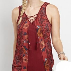 Maurices Floral Lace-Up Burgundy Top